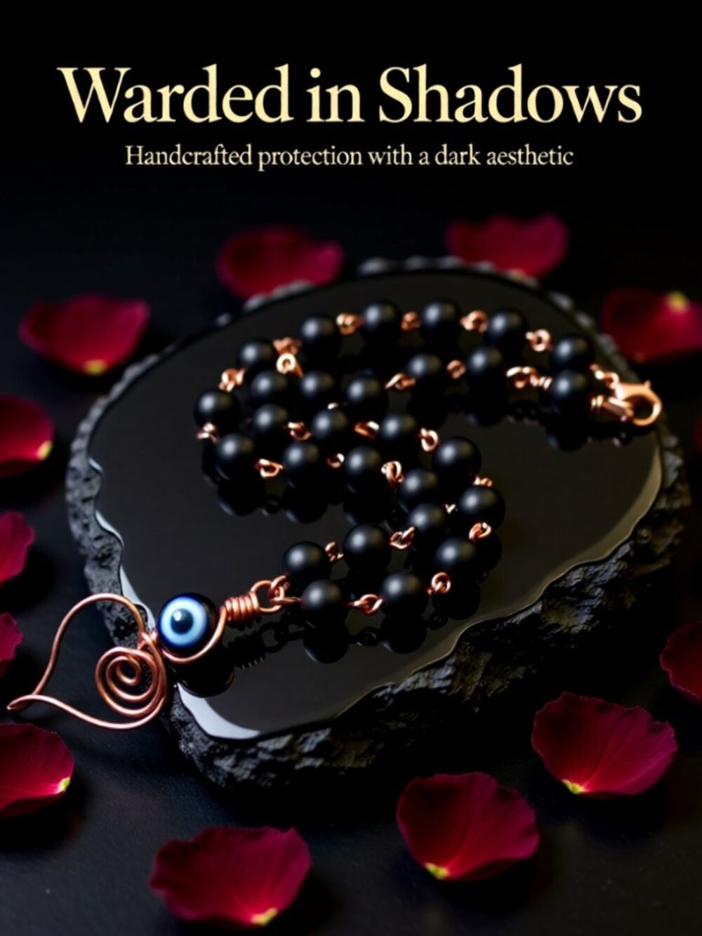 Handmade & Unique! Wire Wrapped Heart Necklace ~ Black Stone + Copper ~ Evil Eye